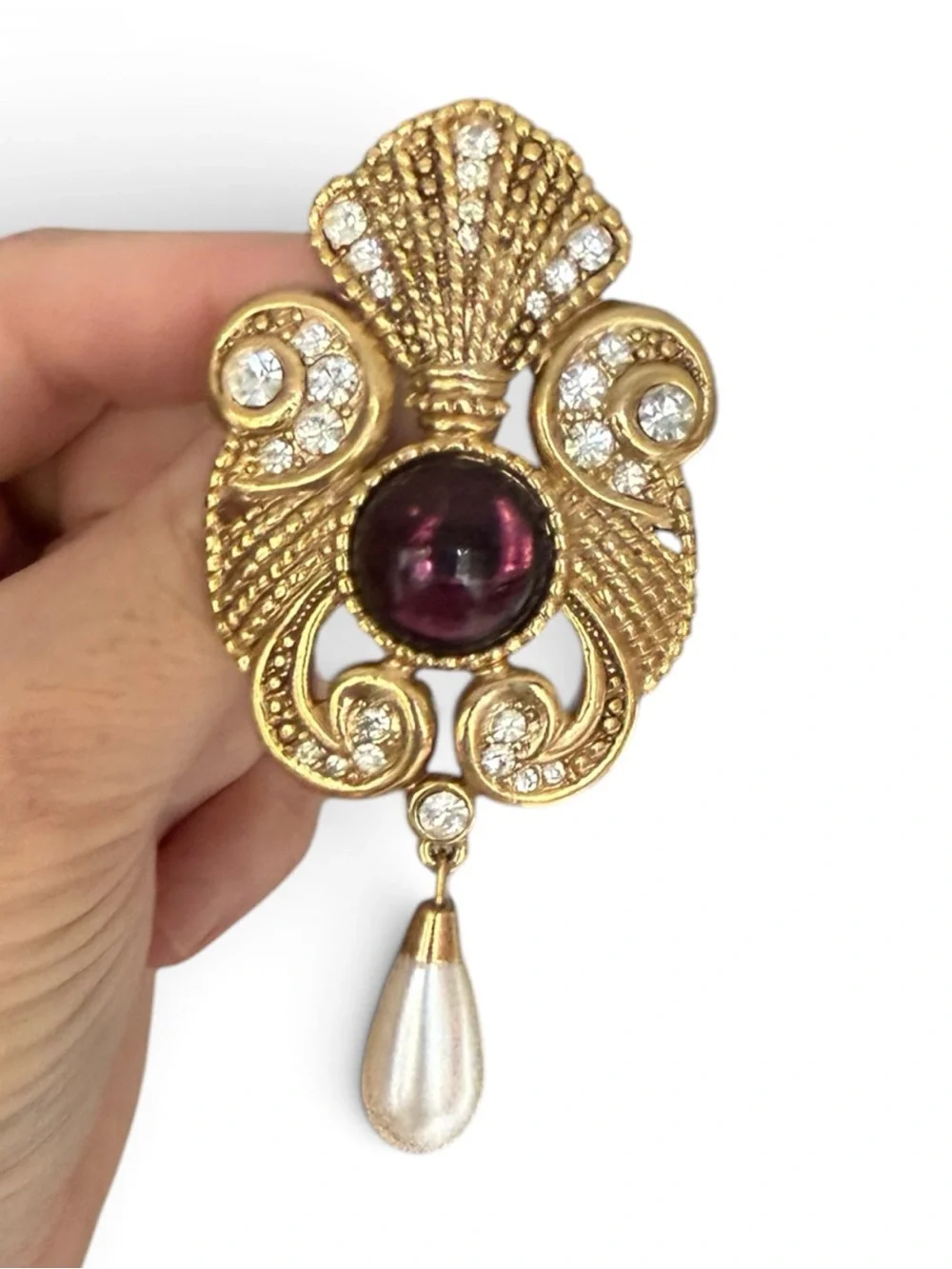 VINTAGE JEFF LIEB STATEMENT BROOCH - Purple Cabochon & Rhinestones